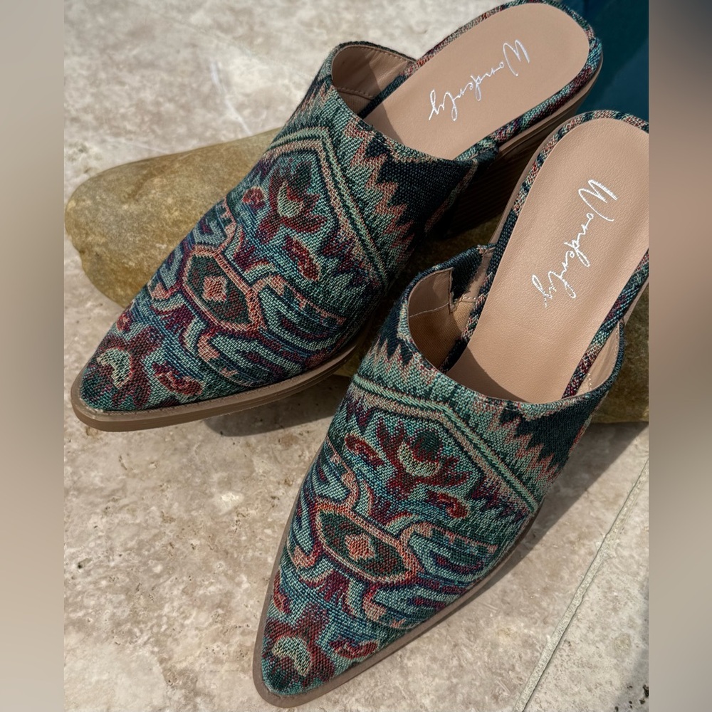 Wonderly Green and Brown Patterned Women's Mules - Picture 3 of 13